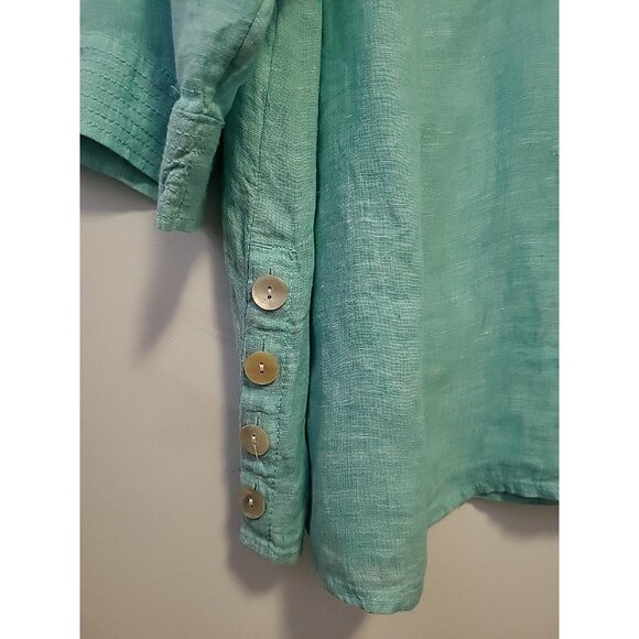 Sigrid Olsen 100% Linen Blouse 3/4 Sleeves V-Neck Turquoise 2X Beach Coastal - Picture 5 of 8